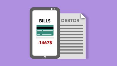Ilustração de um smartphone ao lado de cartão de crédito, contas e documento financeiro sobre fundo roxo.