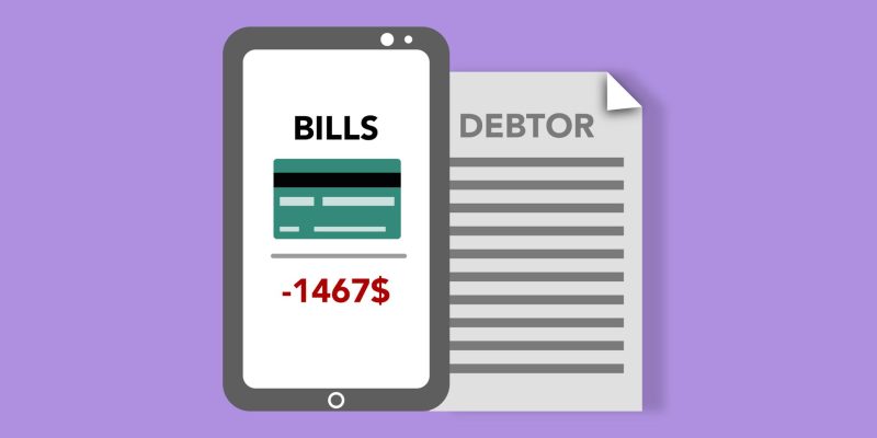 Ilustração de um smartphone ao lado de cartão de crédito, contas e documento financeiro sobre fundo roxo.